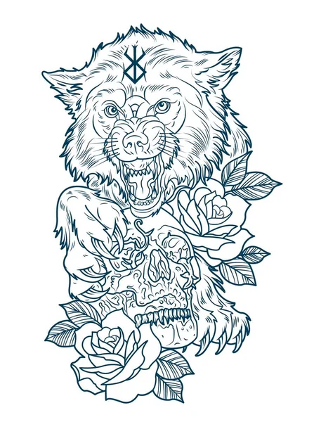 Величезний вовк з людським черепом, татуювання — стоковий вектор