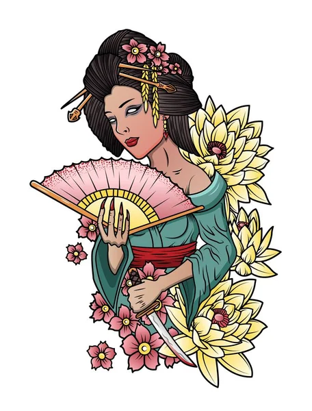 Gadis Jepang cantik dengan kimono. Set ilustrasi vektor . - Stok Vektor