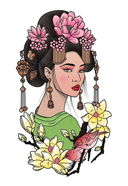 Geisha zwischen blühenden Blumen und Vögeln, japanisch, Kimono, — Stockvektor