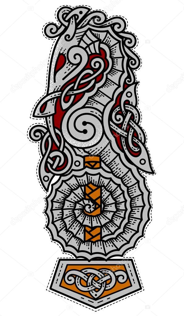 Viking seahorse logo with Thor's hammer, warrior