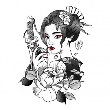 Elinde kılıç olan Japon kız