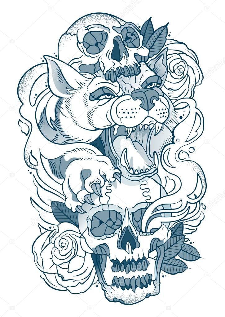 wolf tattoo with human skulls and roses