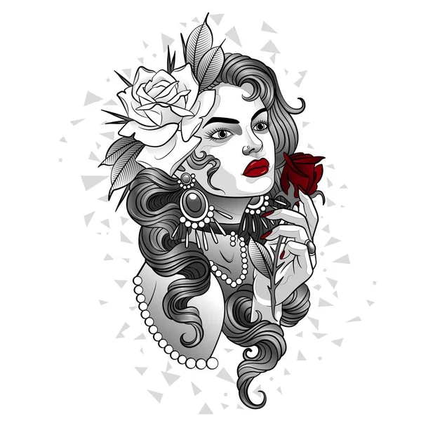 Hermosa chica con una rosa de color rojo brillante en la mano — Vector de stock