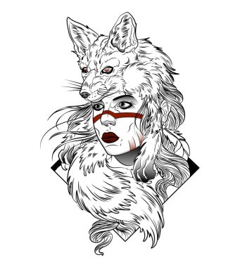 başında bir tilki ile güzel huntress