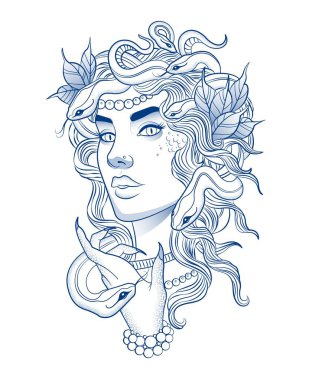 bir yılan saç modeli ile güzel kız, medusa, canavar