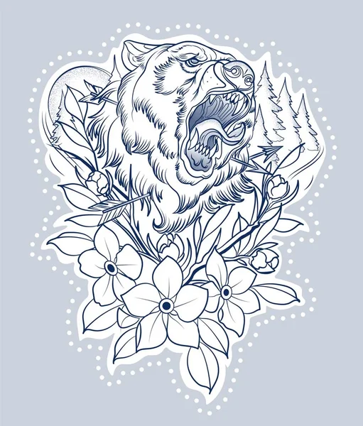 Tatuaje de caza de un oso herido con flechas — Vector de stock