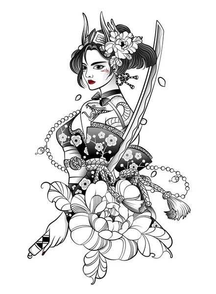 Japanese woman samurai with a big sword — Stock Vector