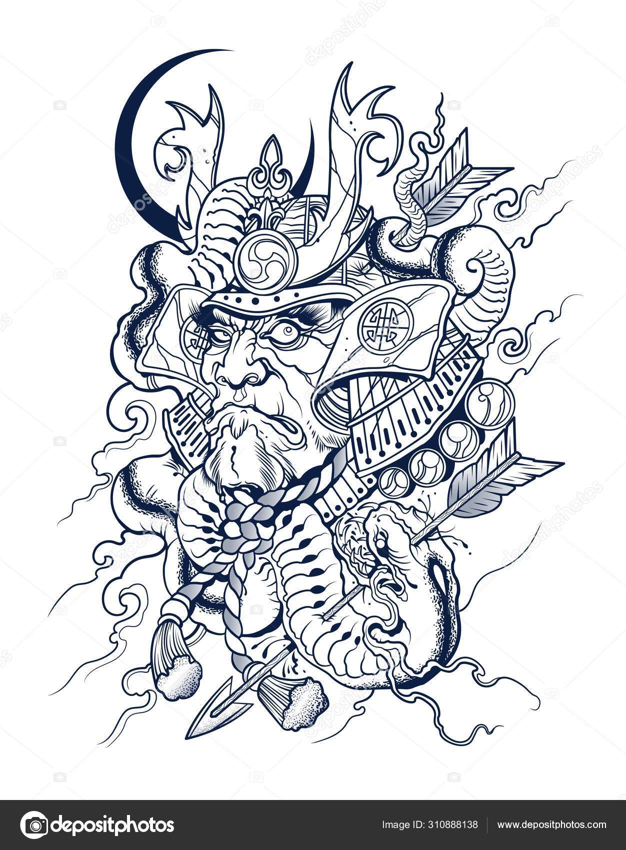 Samurai japonês assustador mata uma cobra, vetor, ilustração, tatoo Vetor  de ©ice245 310888138, image size:1252x1700