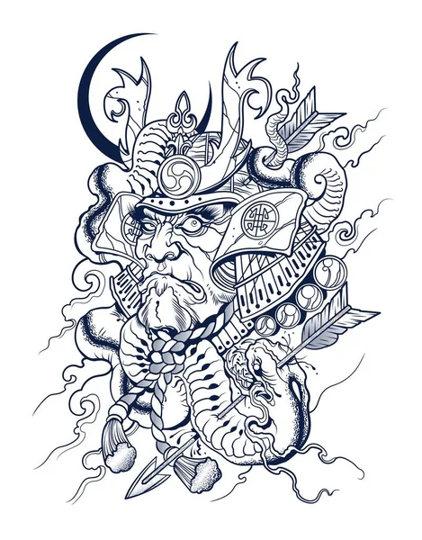 Spaventoso giapponese samurai uccide un serpente, vettore, illustrazione, tatuaggio — Vettoriale Stock