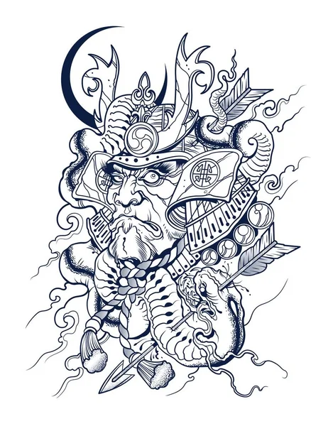 Effrayant samouraï japonais tue un serpent, vecteur, illustration, tatoo — Image vectorielle