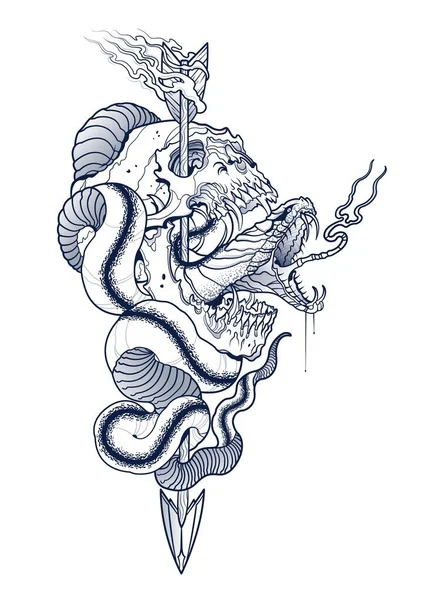 Espeluznante tatuaje de cráneo con flecha y serpiente — Vector de stock