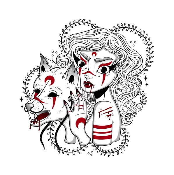 Hombre lobo chica tatuaje con máscara de lobo, animal — Vector de stock