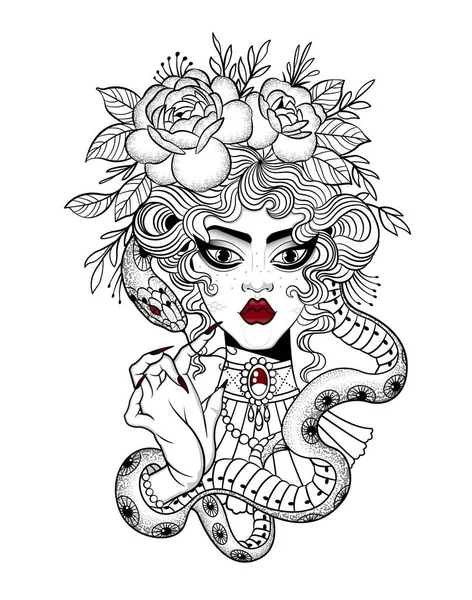 Tatuaje de una chica con una serpiente grande — Vector de stock