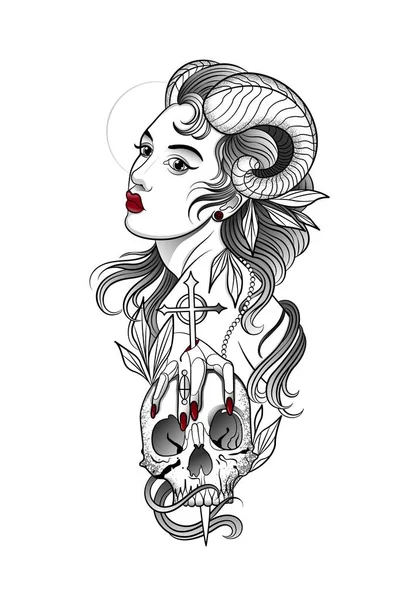 Demon girl with a human skull in hand — Stock Vector