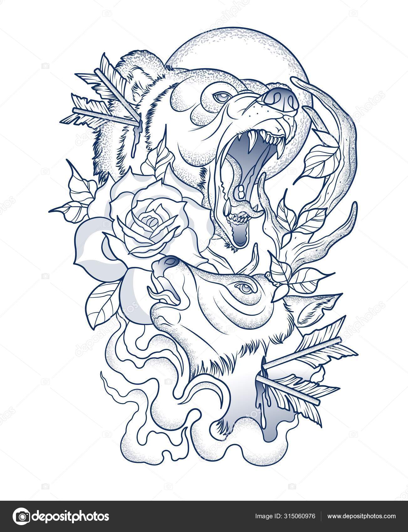 Страшная Татуировка Раненого Медведя И Оленя Векторное Изображение.