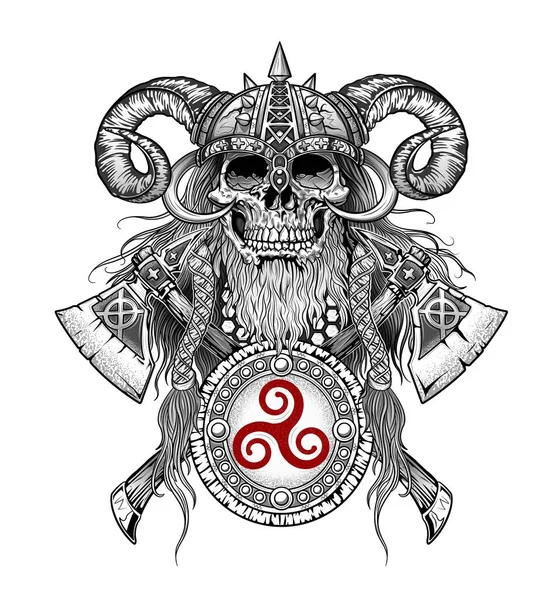 Emblema de crânio viking com machados e escudo —  Vetores de Stock