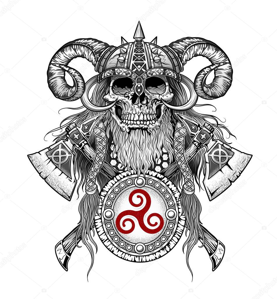 viking skull emblem with axes and shield