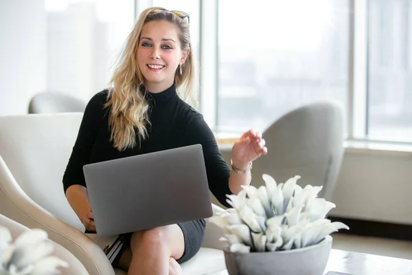 Cheerful Sophisticated Classy Successful Entrepreneur Working Online Remotely Laptop Cyberspace — Stock Photo, Image