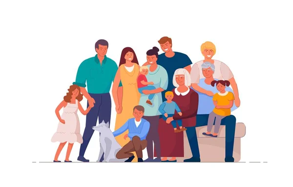 Portret van grote gelukkige familie van veel mensen — Stockvector