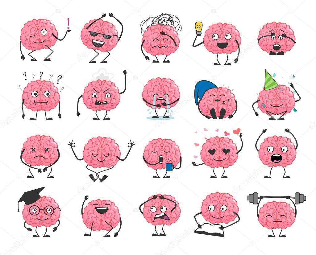 Brain cartoon character set with happy face smile.