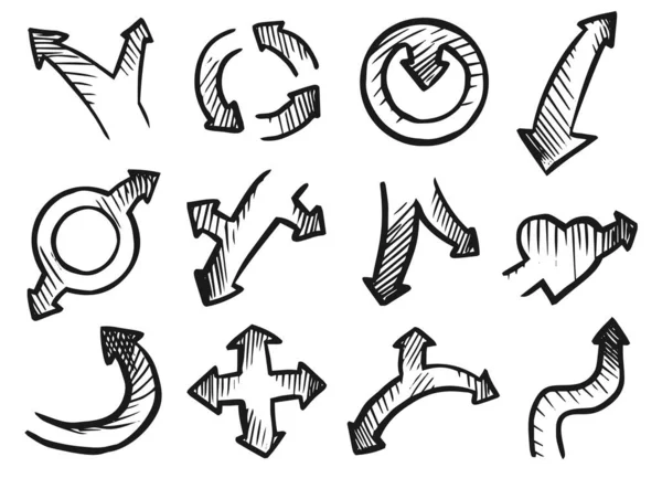 Balíček různých izolovaných ručně kreslených šipky znamení — Stockový vektor