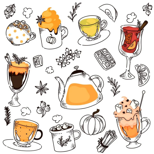 Hot drink verscheidenheid hand tekening collage op wit — Stockvector