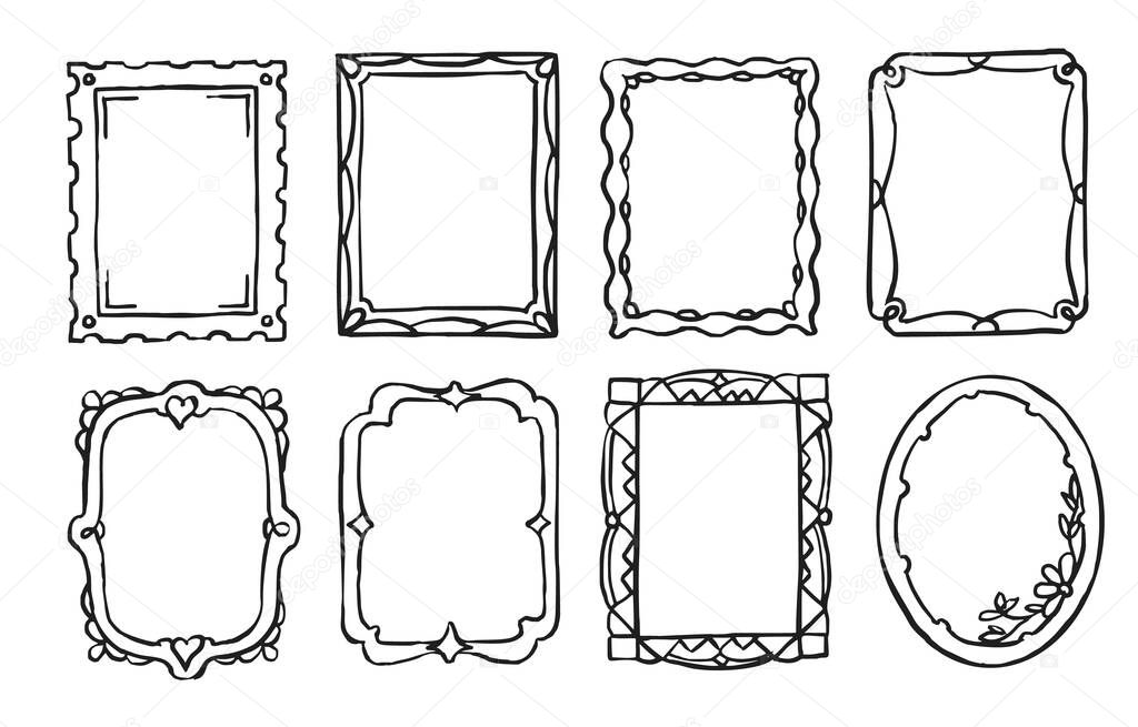 Retro hand drawn ornate picture frame isolated set