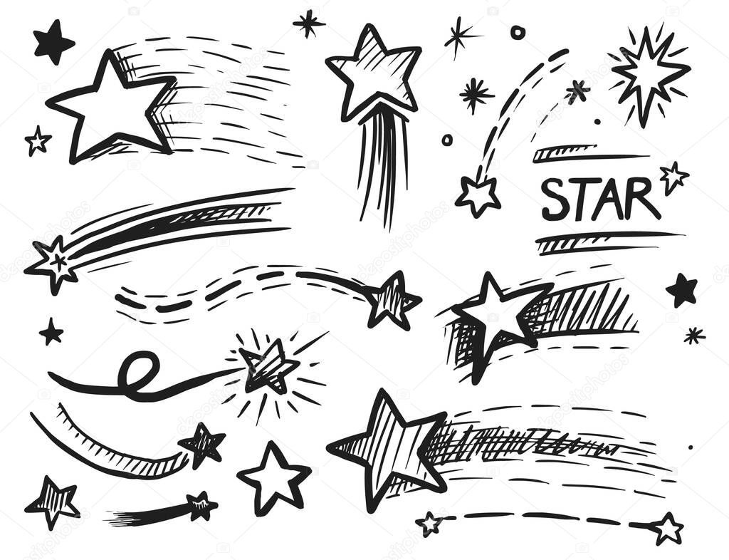 Stars doodle collection. Hand drawn star cluster doodle collection in black and white. Falling, flying, shining, sparkling comic starburst sketched element illustration. Isolated icon vector set