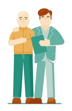 Doktor onkolog ve beyaz arka plandaki hasta.