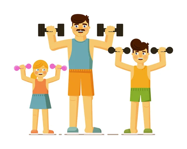 Padres felices e hijos haciendo ejercicio juntos en blanco — Vector de stock