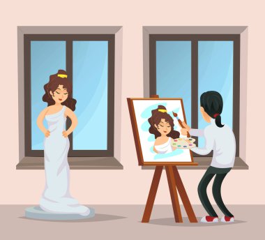 Genç sanatçı güzel bir kızın portresini çiziyor. Sanat atölyesinde erkek öğrenci. Görsel sanat stüdyosu dersleri, sanatsal meslek konsepti, profesyonel eğitim ve yaratıcı vektör illüstrasyonu.