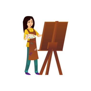 Paletli güzel ressam kadın beyaz sehpada dikilip resim çiziyor..