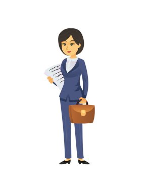 Evrak çantası ve beyaz arka planda kağıtları olan modern, güzel bir iş kadını..