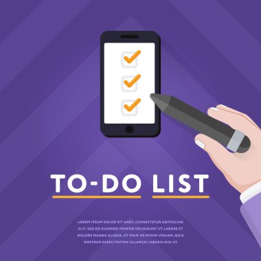 Akıllı telefonda tamamlanmış şeyleri mor üzerine stilus kullanarak işaretlemenin yaratıcı ve parlak vektörü