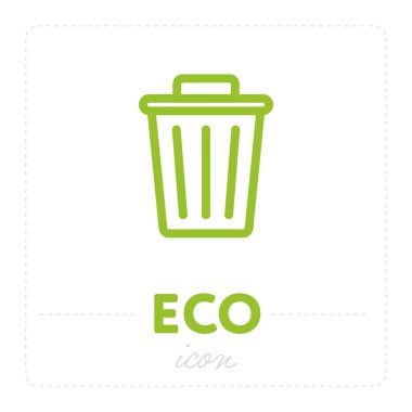 Yeşil renkli etiket Eko ve minimalist çöp tenekesinin doğrusal simgesi beyaz üzerine izole edilmiş