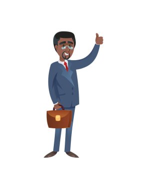 Beyaz arka planda işaret eden evrak çantalı neşeli siyah iş adamı..