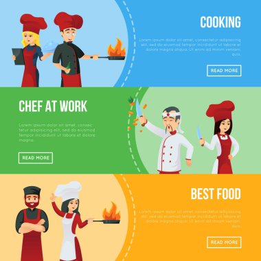 Profesyonel mutfak personeli işe alım ajansı broşürleri. Kırmızı üniformalı ve şapkalı sevimli şefler. Aşçılık ya da aşçılık dersleri, uluslararası ustalar, restoran işçileri vektör illüstrasyonu.
