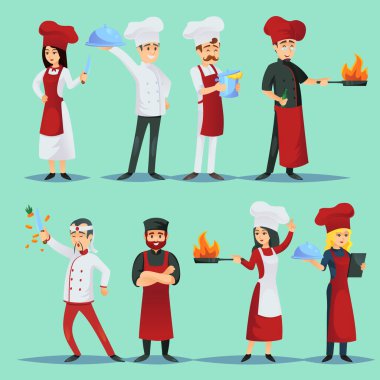 Mavi arkaplanda çeşitli dünya mutfaklarının şeflerini gösteren simgelerin vektör resmi.
