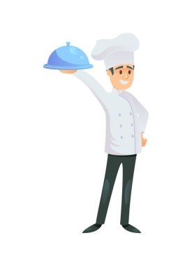 Neşeli aşçı beyaz arka planda metal tepsiyle ayakta duruyor..