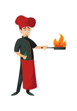 Üniformalı aşçı elinde tavayla beyaz arka planda ateş yakıyor..
