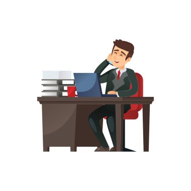 İş adamının vektör karakteri ofiste oturmuş telefonda konuşuyor.. 