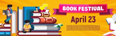 Turuncu arkaplan üzerine kitap okuyan ve tarihli kitap festivali yazan şık, parlak bir poster.