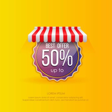 Sarı arka planda çizgili çadırın altında satışları% 50 'ye kadar arttıran yuvarlak renkli etiketli posterin vektör illüstrasyonuName