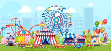 Şehirli arka planında dönme dolap olan lunaparkın parlak düz tasarımı