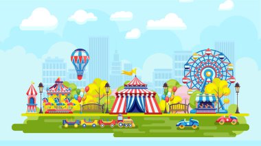 Bright amusement park with Ferris wheel and colorful playground on urban background clipart