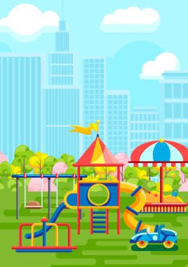 Şehir arka planında çocuk oyunları oynayan renkli oyun parkı