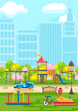 Şehir parkında şehir arka planında yürüyüş yolu olan canlı oyun parkı