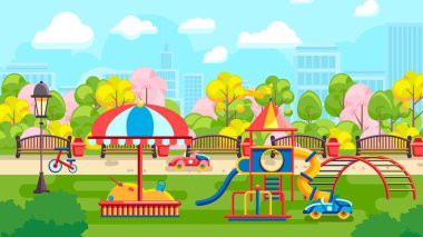 Modern parktaki kentsel oyun parkı ile renkli karikatür çizimleri