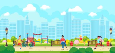 Şehir parkında kitap taşıyan kadın ve koşucuların renkli vektörü