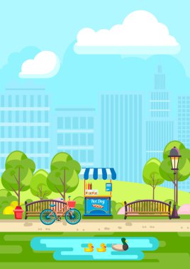 Şehir parkındaki gölün yanında sosisli sandviç tezgahı ve bisikleti olan boş bankların vektör çizimi